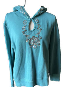 Womens Hoodie Sequin Detail Size Large Color Teal Keyhole Neckline Silver Sequin